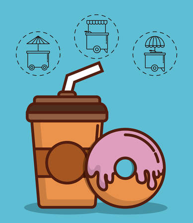 coffee drink and donut icon with food trucks icons around over blue background colorful design vector illustrationのイラスト素材