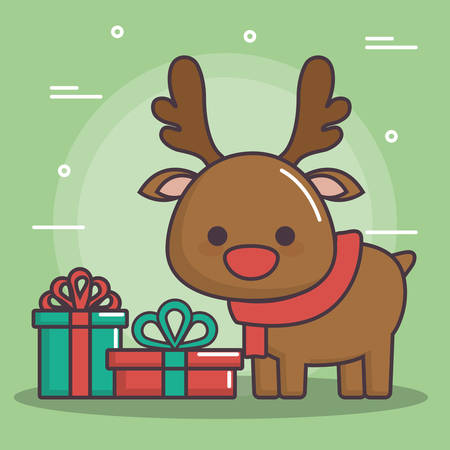 christmas deer and gift boxes icon over green background colorful design vector illustrationのイラスト素材
