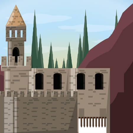 Castle and pine trees of palace medieval and fairytale theme Vector illustrationのイラスト素材