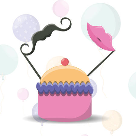 muffin and decortive mustache and kiss icon over white background vector illustrationのイラスト素材
