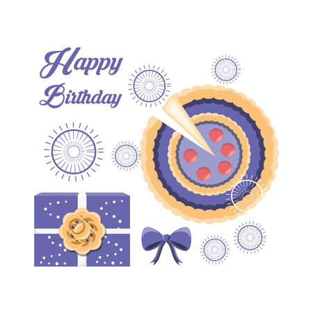 happy birthday card with cake and gift box  icon colorful design vector illustrationのイラスト素材