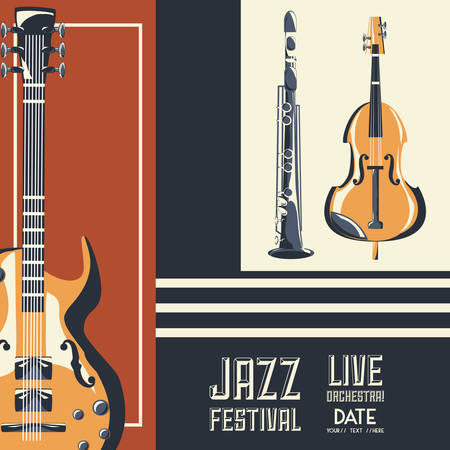 Jazz festival poster with electric guitar and fiddle icon colorful design vector illustrationのイラスト素材