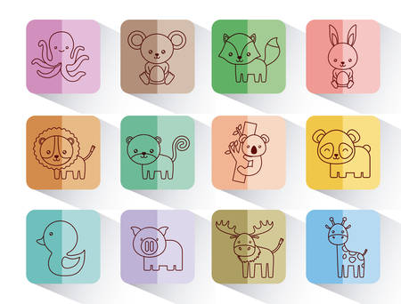 cute animals icon set over colorful squares and white background vector illustrationのイラスト素材