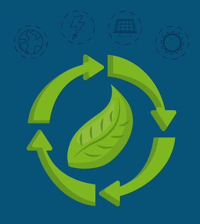 arrows with leaf and renewable energy related icons around over blue background vector illustrationのイラスト素材
