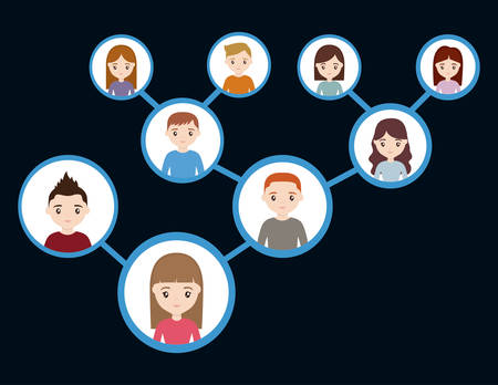 Social media network with avatar people icons on black background.のイラスト素材