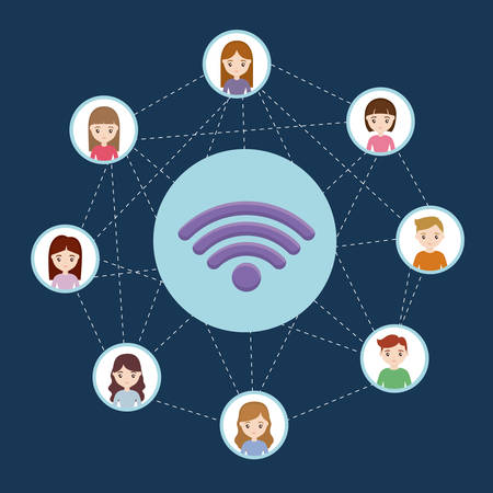 Wireless symbol and social media network with avatar people icons over blue background colorful design vector illustrationのイラスト素材