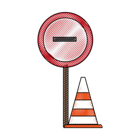 road sign and traffic cone icon over white background vector illustrationのイラスト素材