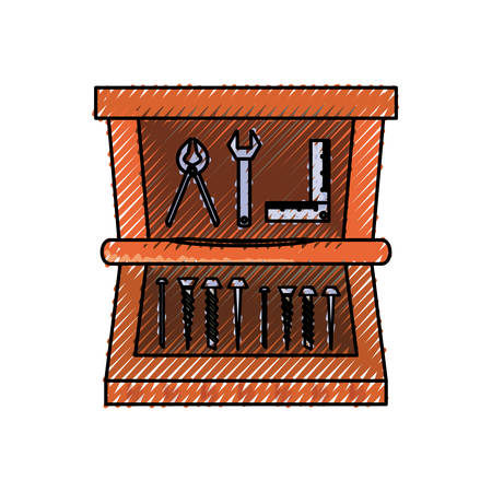 Flat line colored tool box doodle over white background  vector illustrationのイラスト素材