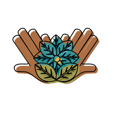 flat line colored hand with flower  over white background  vector illustrationのイラスト素材