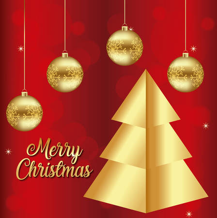 Merry Christmas design with pine tree and decorative balls icon on red background.のイラスト素材