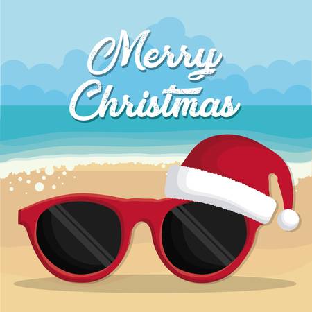 sunglasses with christmas hat icon over beach background colorful design vector illustrationのイラスト素材