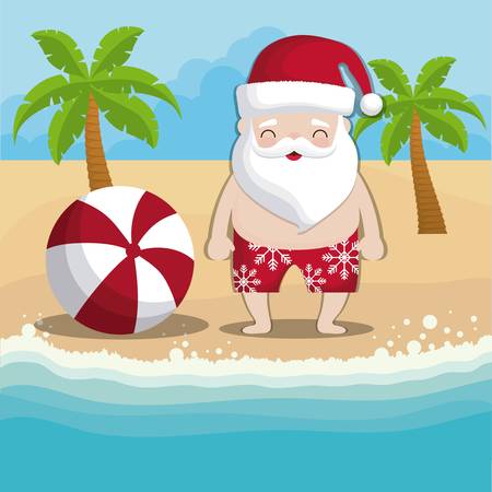 cartoon santa claus on the beach colorful design vector illustrationのイラスト素材