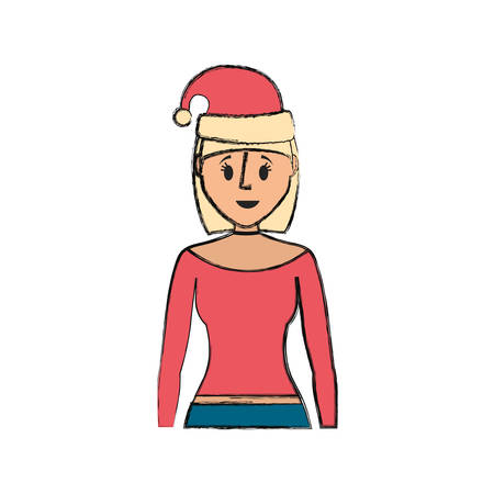 Flat line colored woman with santa hat over white background vector illustrationのイラスト素材