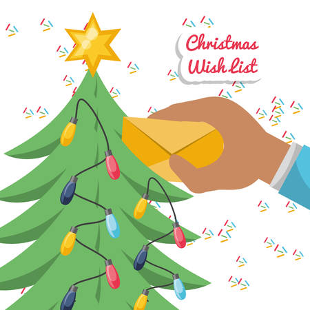 hands putting a christmas wish list  on the christmas tree colorful design vector illustrationのイラスト素材