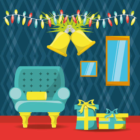 house living room with armchair with gift boxes and chritsmas decoration colorful design vector illustrationのイラスト素材