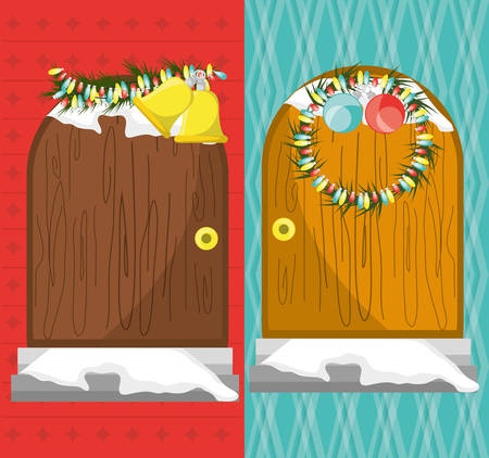 house doors with christmas decoration colorful design vector illustrationのイラスト素材