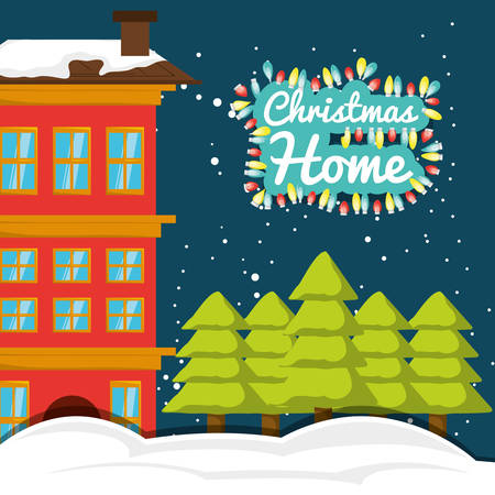 house with pine trees and chirstmas decoration colorful design vector illustrationのイラスト素材