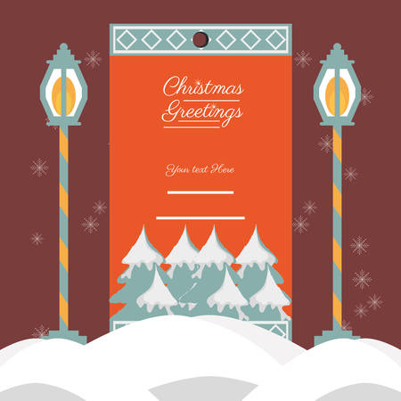 christmas greetings card with pines and street lamps icon over red background vector illustrationのイラスト素材