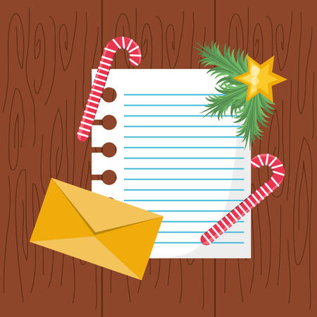 christmas wish list and envelope with christmas decoration over wooden background colorful design vector illustrationのイラスト素材