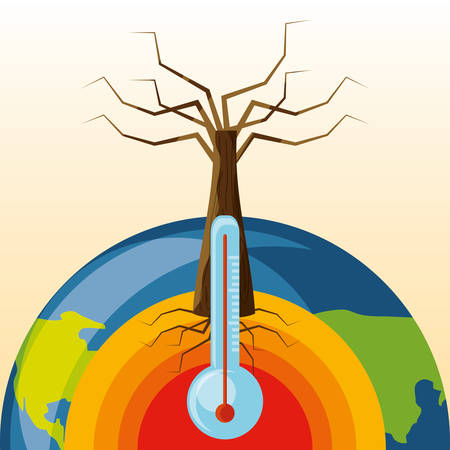 dry tree and earth planet with thermometer icon colorful design vector illustrationのイラスト素材