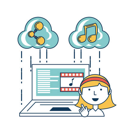 woman and laptop computer with social media related icons over white background colorful design vector illustrationのイラスト素材