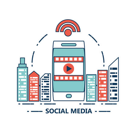 city buildings and smartphone with social media related icons over white background colorful design vector illustrationのイラスト素材