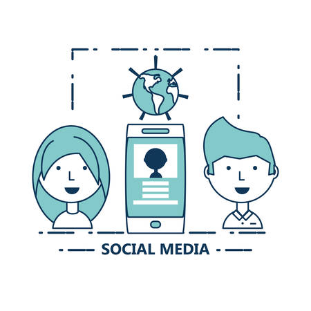 people and smartphone with social media related icons over white background colorful design vector illustrationのイラスト素材