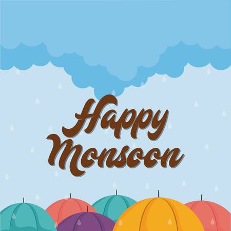 happy monsoon design with colorful umbrellas icon over blue background vector illustrationのイラスト素材
