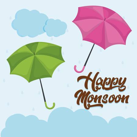 happy monsoon design with colorful umbrellas icon over blue background vector illustrationのイラスト素材