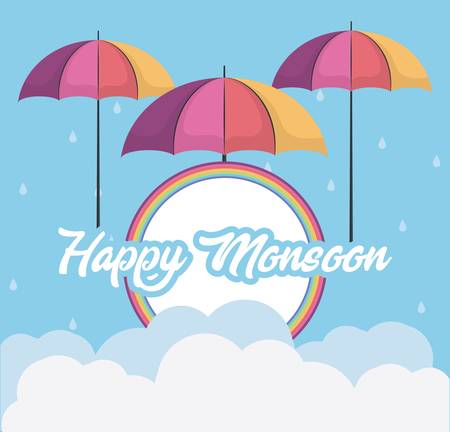 happy monsoon design with colorful umbrellas icon over blue background vector illustrationのイラスト素材