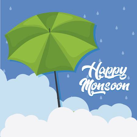 happy monsoon colorful design with  green umbrella icon over blue background vector illustrationのイラスト素材