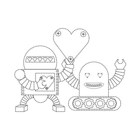 cute couple of cartoon robots with heart icon over white background black and white design vector illustrationのイラスト素材