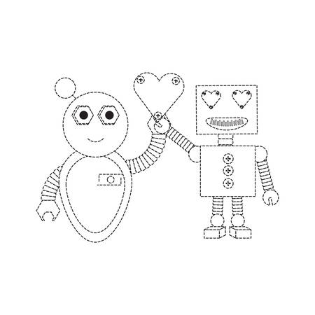 Cute couple of cartoon robots with heart icon over white background black and white design vector illustration.のイラスト素材