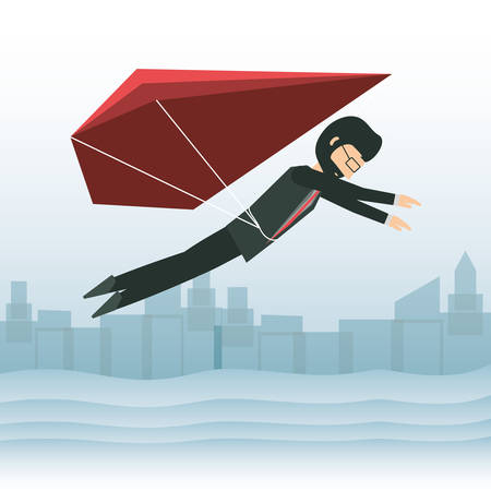 cartoon businessman flying with a parachute over city silhouette vector illustrationのイラスト素材