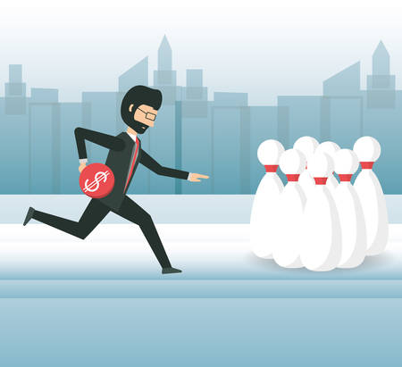 cartoon businessman playing bowling with a money ball over city silhouette colorful design vector illustrationのイラスト素材