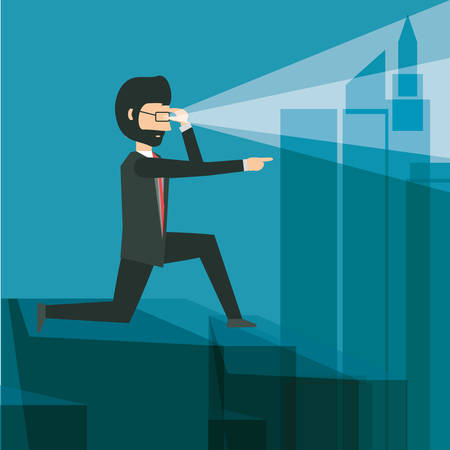cartoon businessman looking and pointing a city. colorful design. vector illustrationのイラスト素材