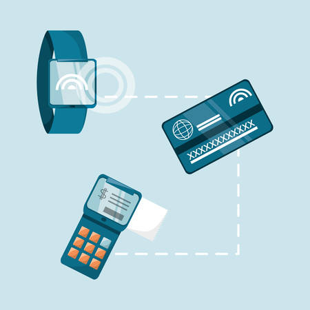 Technological devices with NFC technology around over blue background colorful design vector illustrationのイラスト素材
