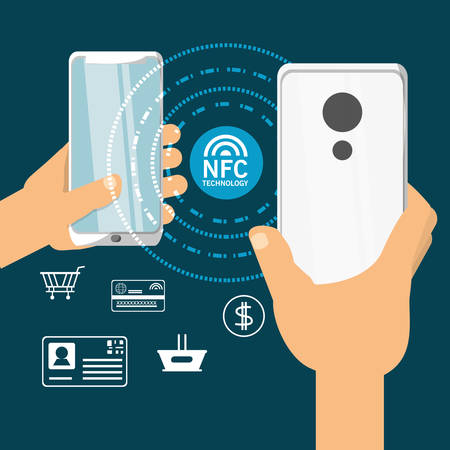 NFC technology design with hands holding a smartphones and commerce related icons over blue background colorful design vector illustrationのイラスト素材