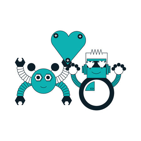 cartoon robots couple with  heart icon over white background colorful design vector illustrationのイラスト素材