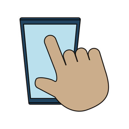 hand touching a smartphone device icon over white background colorful design  vector illustrationのイラスト素材
