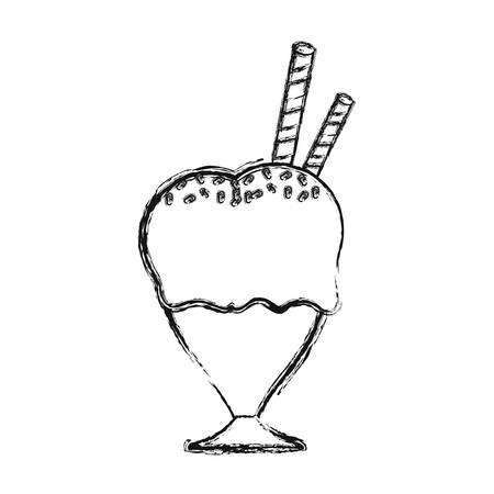 flat line uncolored ice cream  scoops in glass with wafer  roll  and sprinkles over white background  vector illustrationのイラスト素材