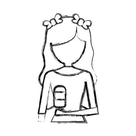 Flat line uncolored woman avatar with wavy hair an ice cream over white background vector illustrationのイラスト素材