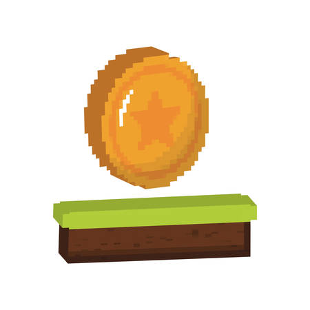 pixelated grass block and game coin with star icon over white background vector illustrationのイラスト素材