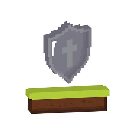 pixelated shield with cross and grass block icon over white background vector illustrationのイラスト素材