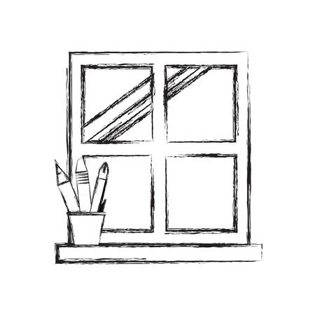 sketch of window and cup with  writing tools over white background vector illustrationのイラスト素材