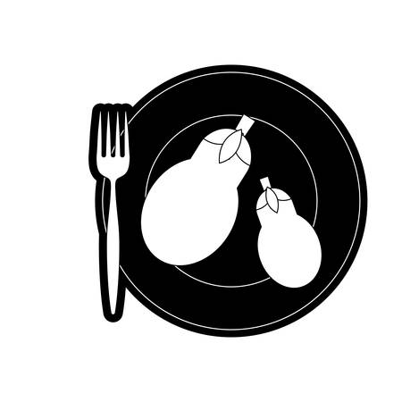 Flat line monochromatic plate with eggplants over white background vector illustrationのイラスト素材