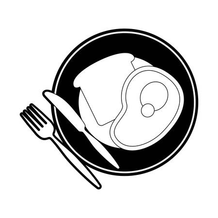 flat line monochromatic  plate with bread  an meat  over  white background  vector illustrationのイラスト素材