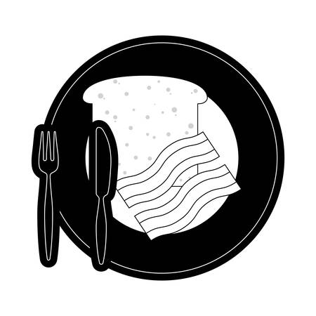 Flat line monochromatic plate with bread an bacon over white background, vector illustration.のイラスト素材