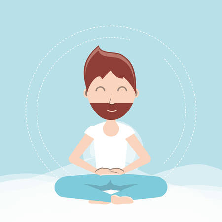 cartoon man practicing  yoga in a lotus pose icon over blue background colorful design vector illustrationのイラスト素材