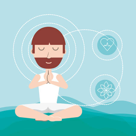 cartoon man practicing  yoga in a lotus pose icon over blue background colorful design vector illustrationのイラスト素材